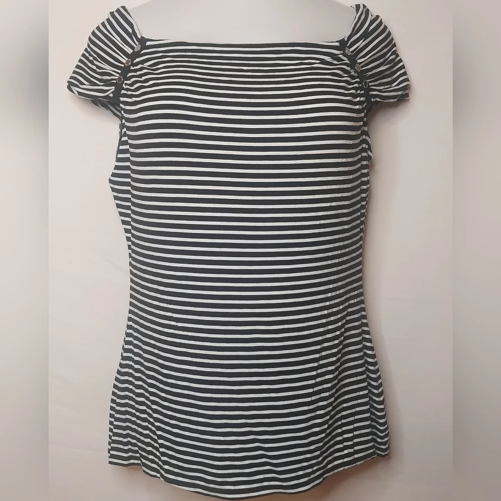 White House Black Market Mariners Striped  Cap Sleeve Shirt, Size L